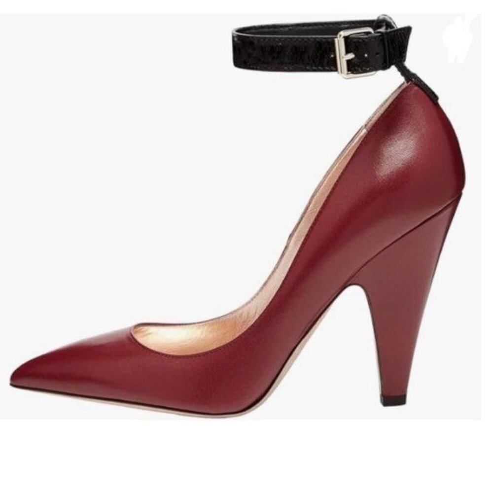 Wansseny Dark Red Pointed Toe Ankle Strap Buckle Pump Cone High Heel Ladies Shoe